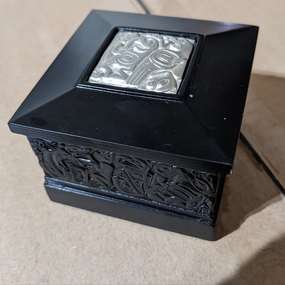Vintage Native Square Trinket Box | Intricate Carved Design | Pewter | Boma